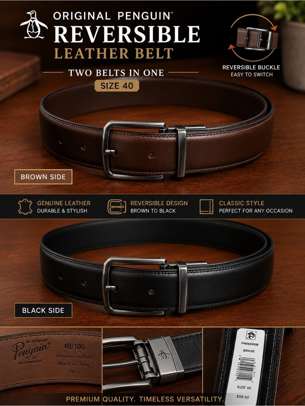Original Penguin Reversible Leather Belt in Brown and Black